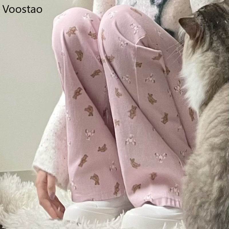 Pink Jeans Women Sweet Cute Cartoon Bear Print High Waist Wide Leg Pants Vintage Girls Casual Y2k Aesthetic Loose Denim Trousers - AIAZ