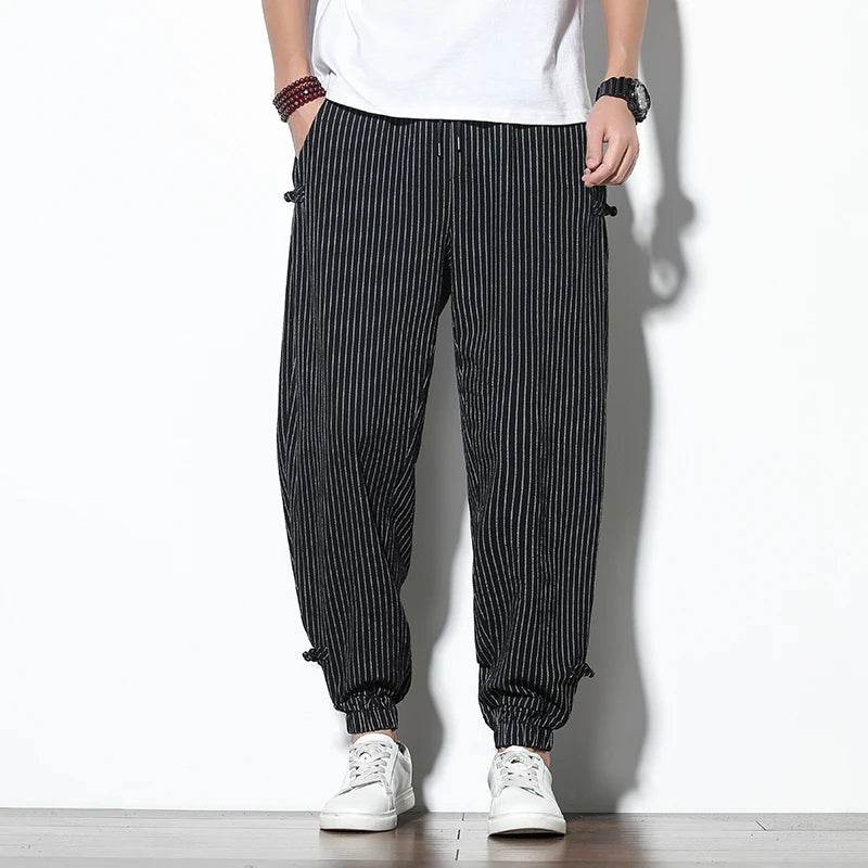 Four Seasons Men Disc Buckle Striped Harem Pants Breathable Cotton Linen Pencil Pants Buckle Casual Bloomers Fashion Trousers - AIAZ