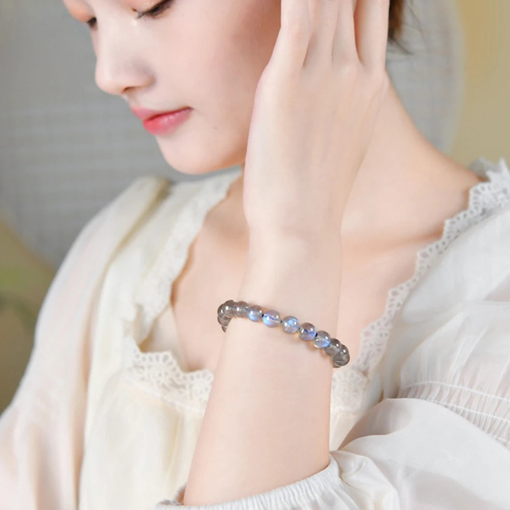 Blue Grey Moonlight Stone Bead String Bracelet 7-9mm Round Beads Gemstone Bracelet for Women Healing Crystal Energy Wristban
