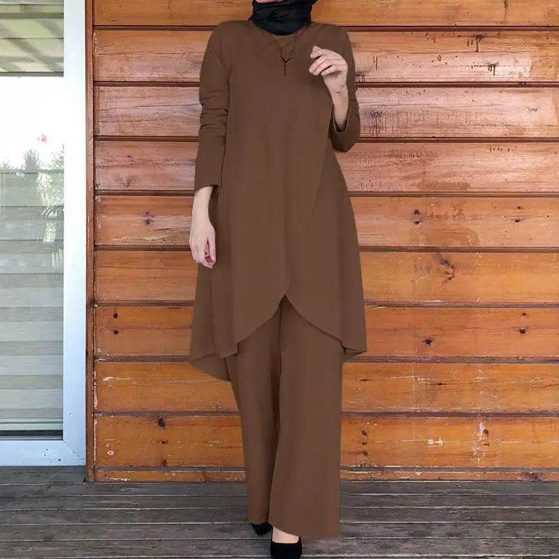 2025 Women's Muslim Sets Fashion Asymmetrical Blouse with Wide Leg Pants Casual Suits Dubai Turkey Matching Sets Ladies Outfits - AIAZ