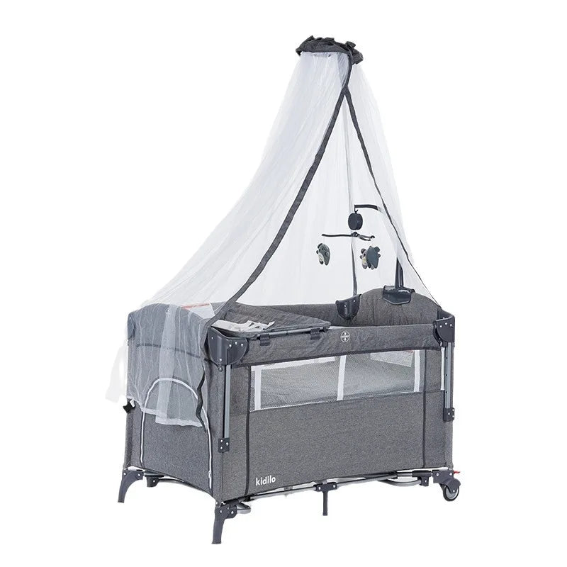 Baby Crib Multifunctional Simple with Mosquito Net Foldable Removable Children's Patchwork Playpen Bedside Crib with Toys