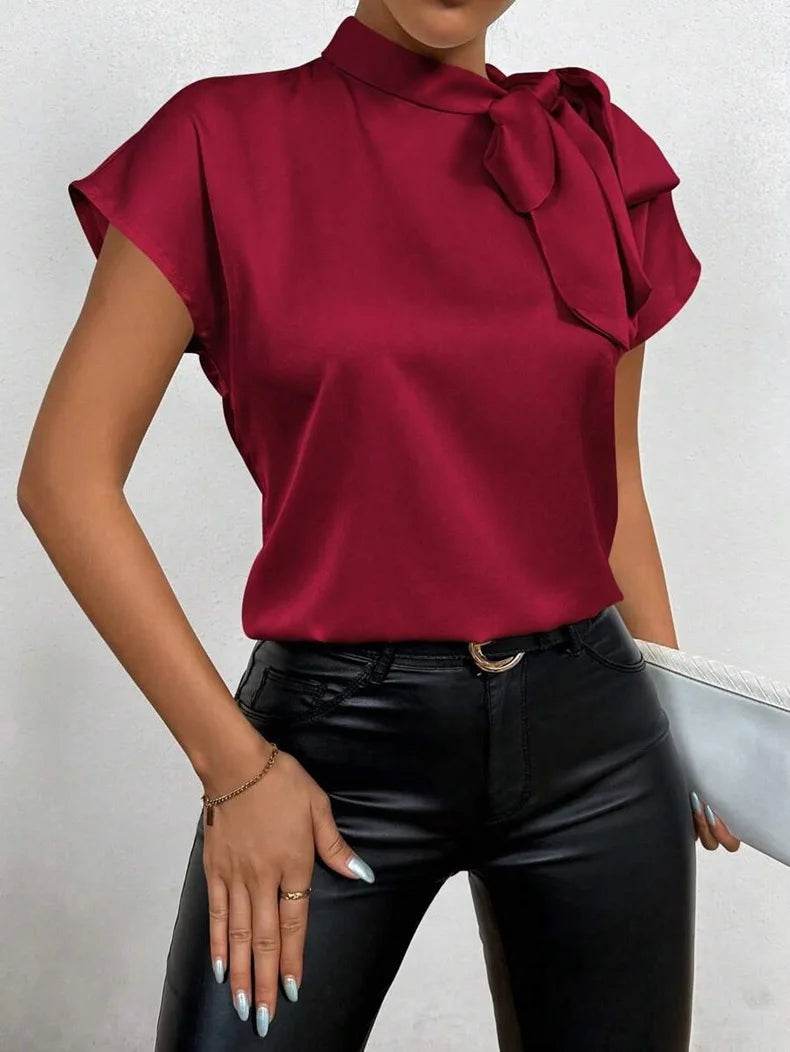 Women Shirt Fashion Bow Satin T-shirt Female Short Sleeve Solid Color All-match Pullover Tee Women's Temperament Summer Tops - AIAZ