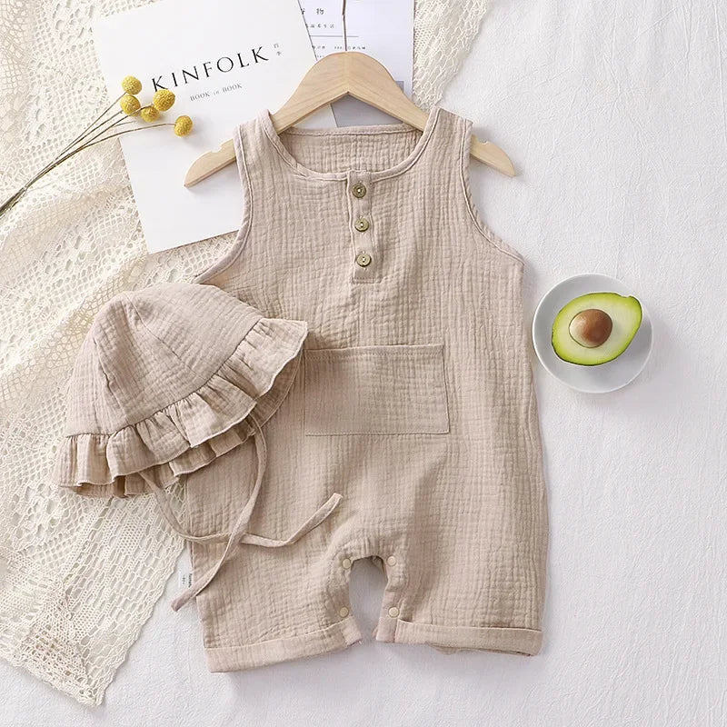 2Pcs/Set Baby Summer Clothing Solid Newborn Infant Romper With Hat Muslin Cotton Sleeveless Baby Boys Girls Jumpsuit Outfits