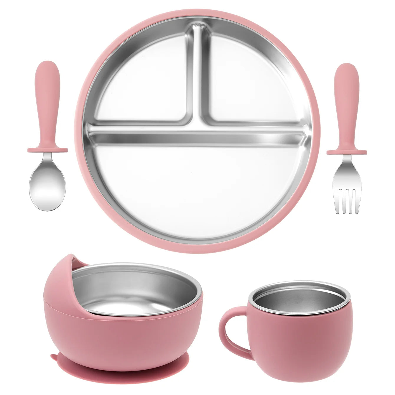 5PCS Stainless Steel Detachable Dishes Plate Baby Feeding Set With BPA Free Silicone Bowl Cup Infant Training Fork Spoon Gifts