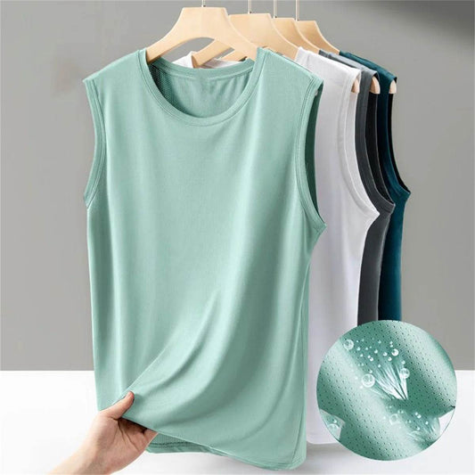 Men's solid color casual sleeveless tank top round neck Breathable Vest sweat drying tank top suitable for summer sports - AIAZ