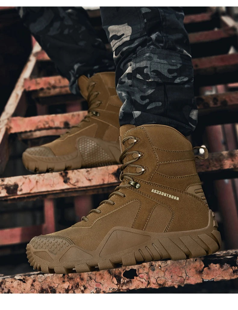 Outdoor Hiking Shoes Men Casual Combat Boots Men Breathable Wear-resistant Anti-slip Flat Comfortable High-top Boots Men