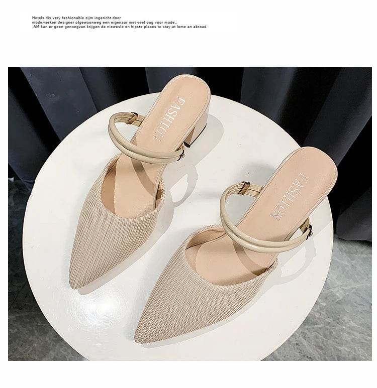 Korean Sle High Heel Sandals Women Summer Outdoor Wear Pointed Toe Double Wear Mules Cover Head f Slip Small Fraance Wind - AIAZ