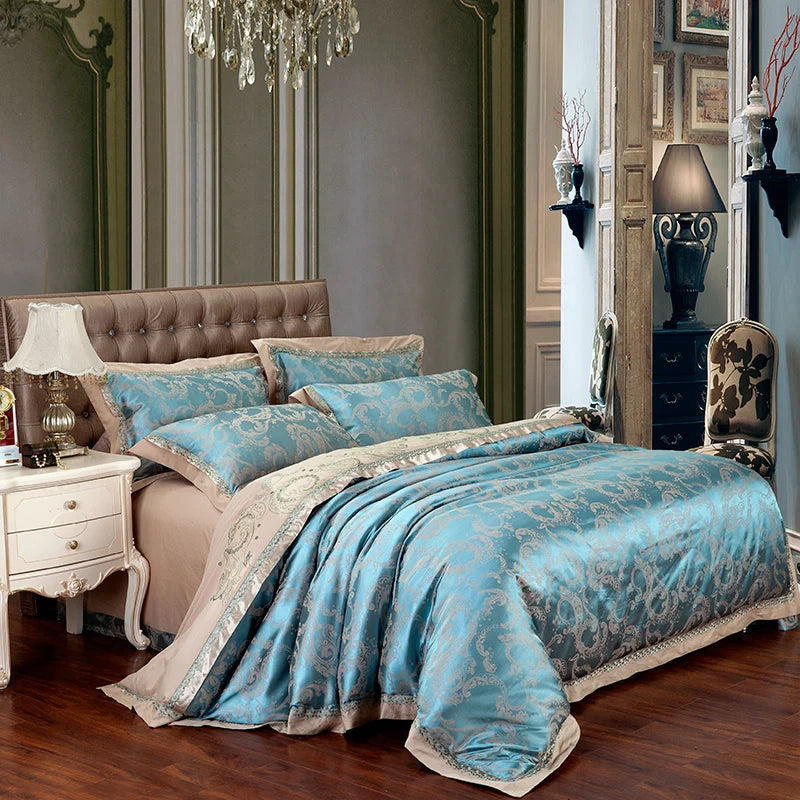 Sliver Gold Luxury Silk Satin Jacquard duvet cover bedding set queen king size Embroidery bed set bed sheet/Fitted sheet set