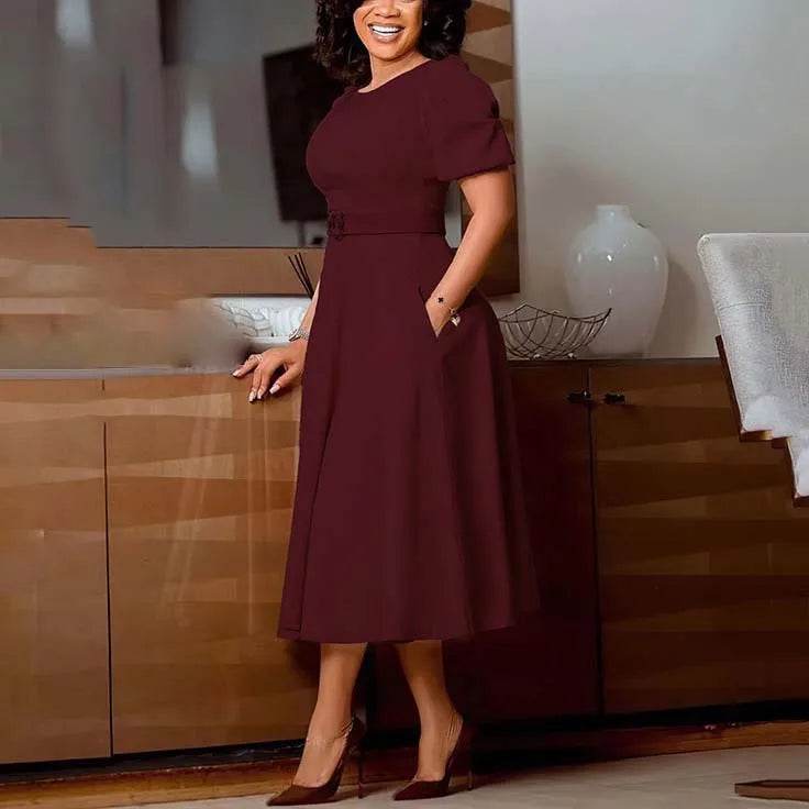Elegant Office Dress for Women Professional O Neck Short Sleeve Belt Waisted A Line Mid Calf Formal Business Work Dress Midi New - AIAZ