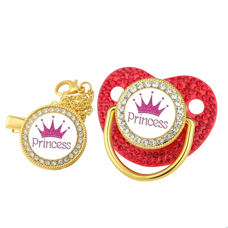 All Zircon Baby Pacifier Chain Clips Set Gold Crown Princess Prince Pacifiers Holder Silicone Nipple Luxury Infant Shower Gifts