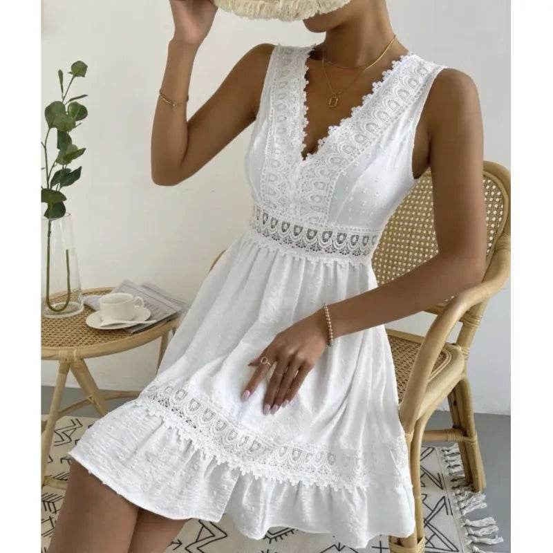 Women's White Party Dress Fashion Lace V-neck Ruffle Hook Flower Hollow Waist Mini Women Dresses Summer Sexy Prom Female Vestido - AIAZ