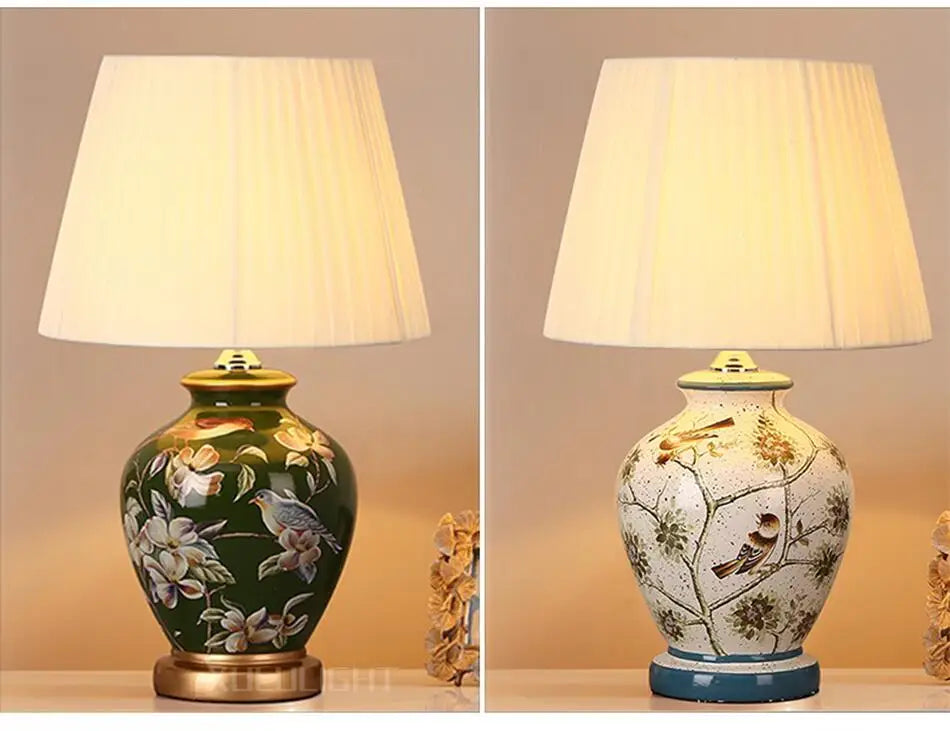European Style Ceramic Desk Lamp Flower And Bird Painted Decorative Table Lamp Bedroom Room Bedside Table Lamp Lighting Fixture