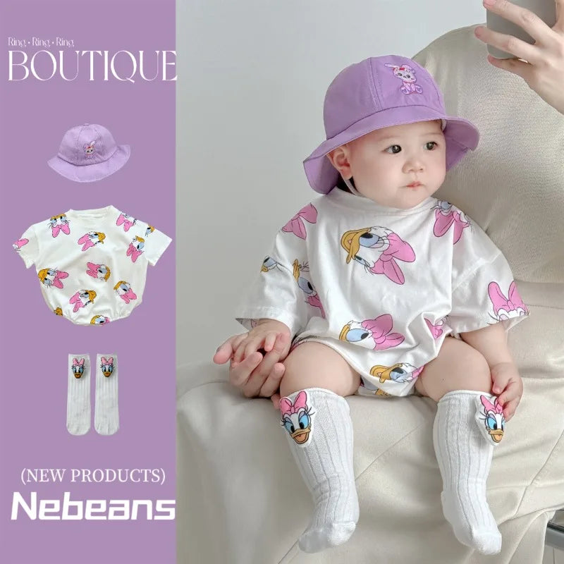 Baby Girls Bodysuits Boys Newborn Socks Hat 3PCS Clothes Set Short Sleeve Cartoon Daisy Donald Duck Infant Bodysuits K594-2