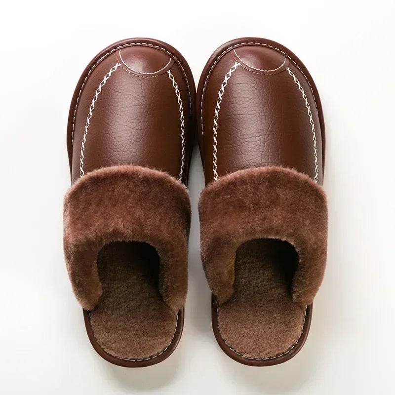 Men Winter Leather Slippers Bedroom Cotton Slippers Male Waterproof Thick Plus Velvet Indoor Warm House Home Slippers Shoes - AIAZ