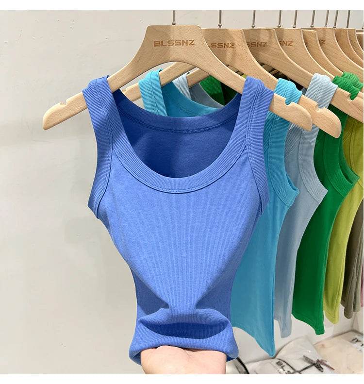 Women Solid Round Neck Ribbed Tank Top Camisole Women 2025 Summer Basic Elastic Tank Top O Neck Solid Tank Top - AIAZ