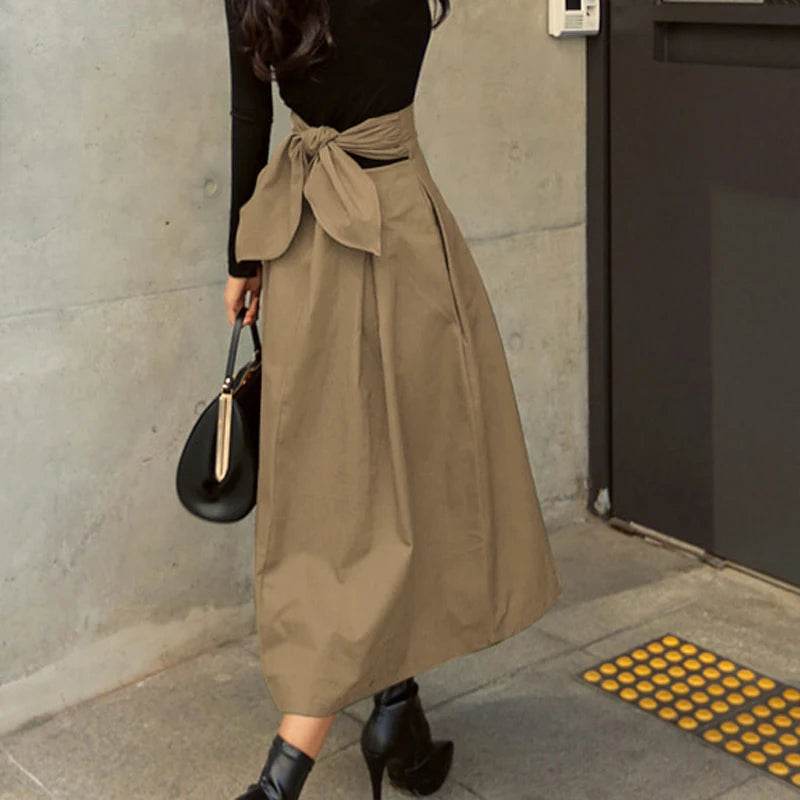 Skirts Womens Korean Fashion Solid Color Big Swing Ladies Skirt Long Skirt 2025 Autumn Wild High Waist Bow Slim Skirts - AIAZ