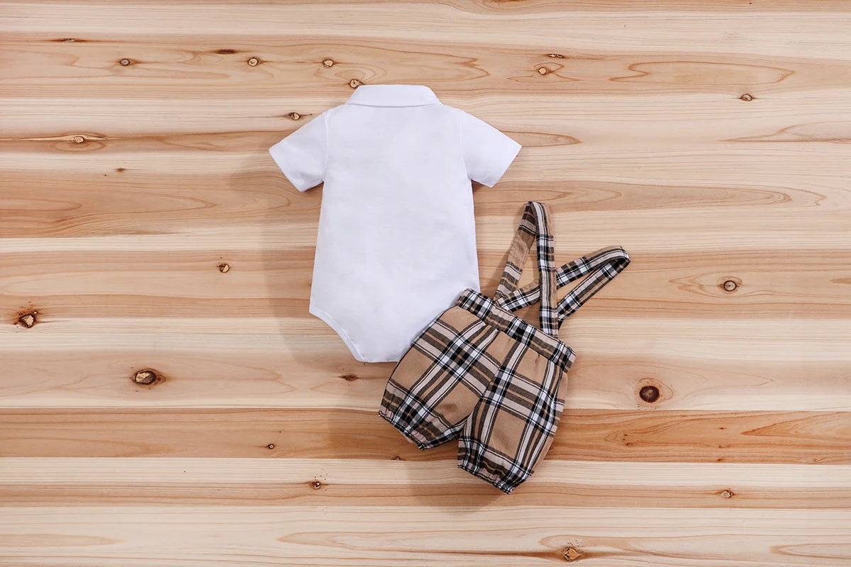 2PCS IURNXB Baby Clothes Sets Short Sleeve Boys Infant Plaid Bear Bodysuit+Suspenders Trousers Set Overall Newborn Outfits 1-18M