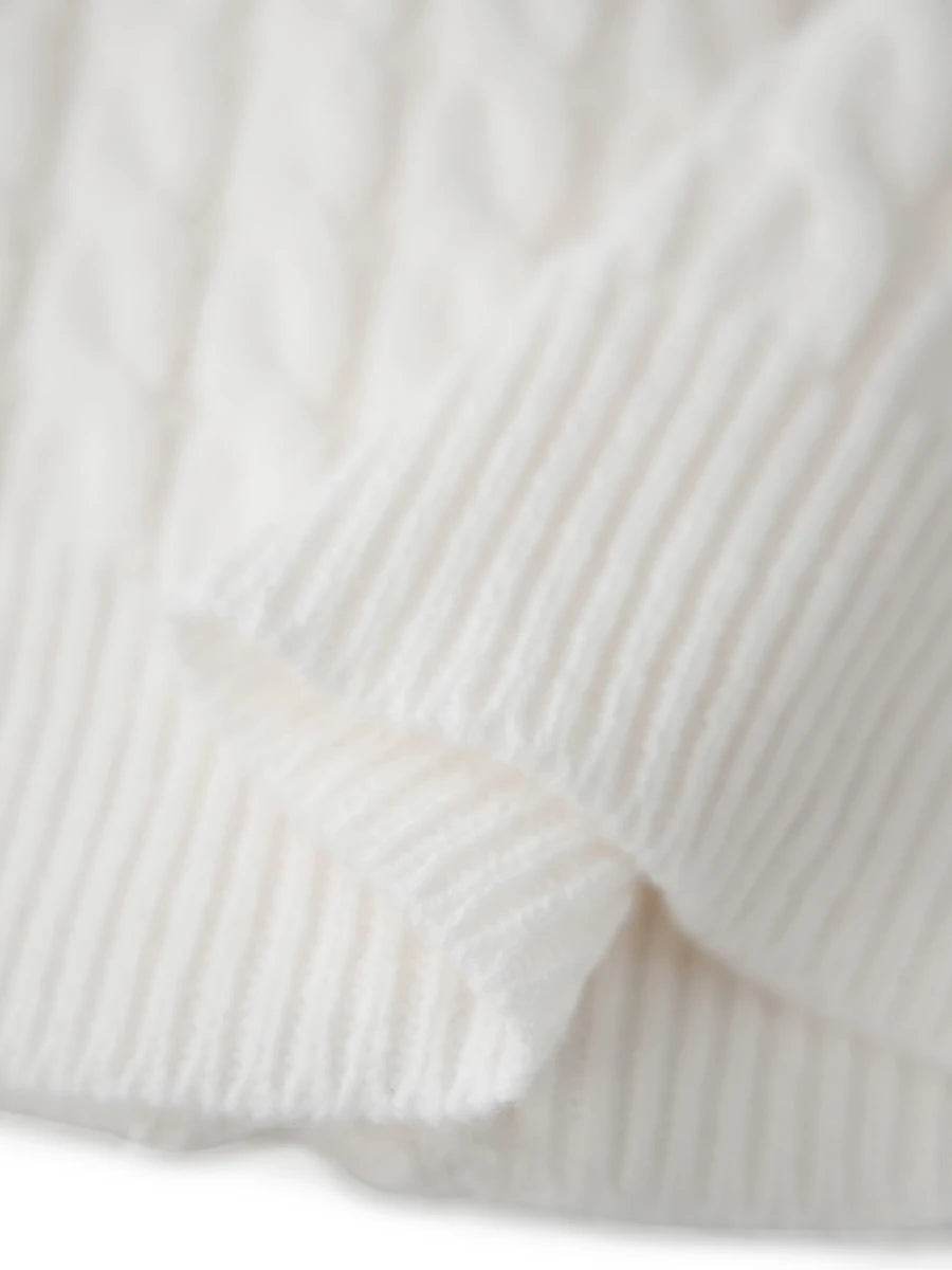 Women's Cable Knit Cardigan Solid Color Round Neck Short Sleeve Button-front Closure Crop Sweaters - AIAZ
