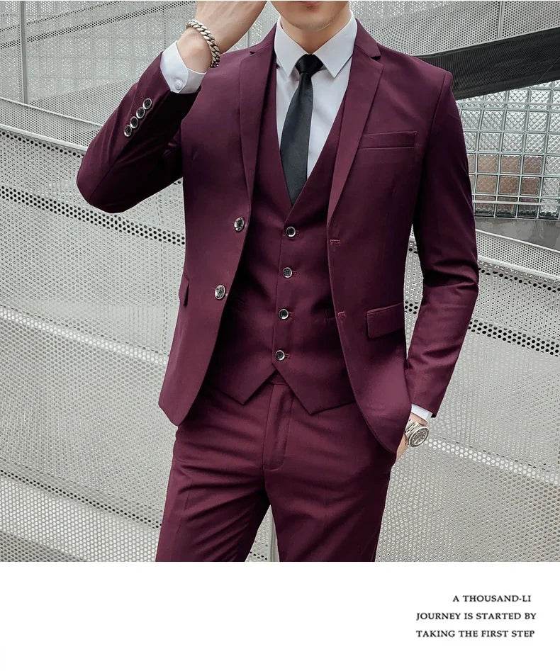 Suit (Blazer+ Vest + Pants) Men's Business Gentleman Fashion Slim Work Solid Color Plus Size Fair Dress Wedding Best Man Suit - AIAZ