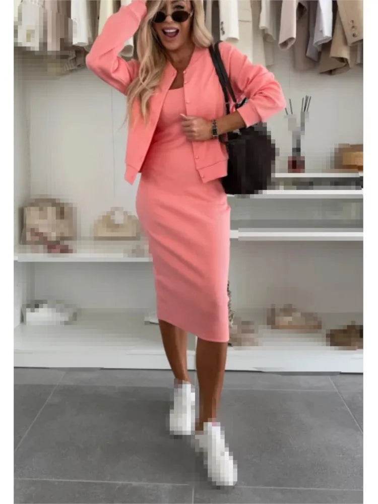 Women Fashion Solid Dress Set Spring Autumn With Cover-Up Slim 2-Piece Suit Split Hem High Waist Cardigan Ladies Set Outfit - AIAZ