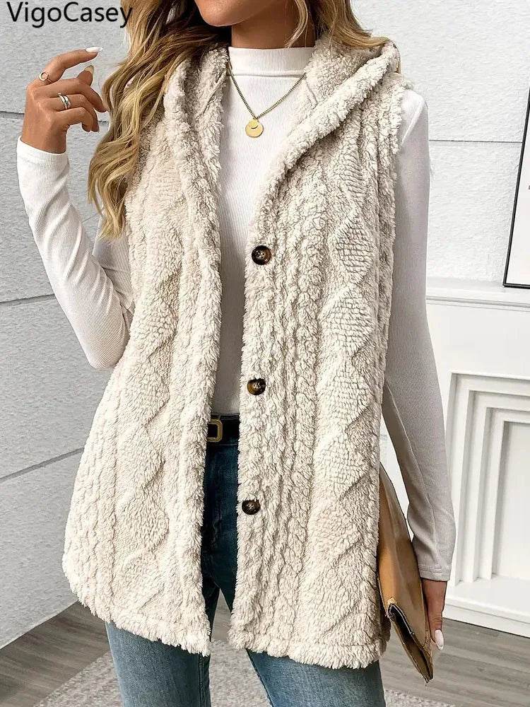 VigoCasey 2025 Casual Sleeveless Thick Vest Coat Woman Solid Hooded Warm Plush Waistcoat Lady Autumn Winter Apricot Vest Jacket - AIAZ