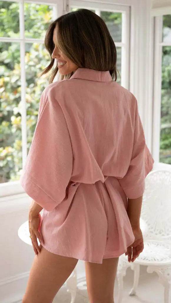 Women's Jumpsuit Spring/summer New Style With Collar Mid Sleeves Waist Strap Fashionable Loose Short Style Solid Color Jumpsuit - AIAZ