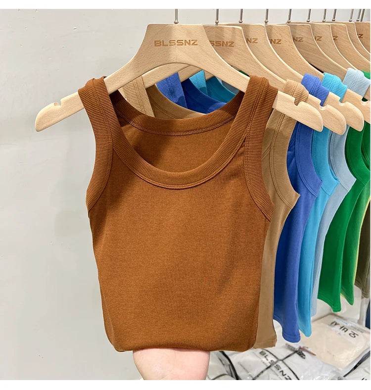 Women Solid Round Neck Ribbed Tank Top Camisole Women 2025 Summer Basic Elastic Tank Top O Neck Solid Tank Top - AIAZ