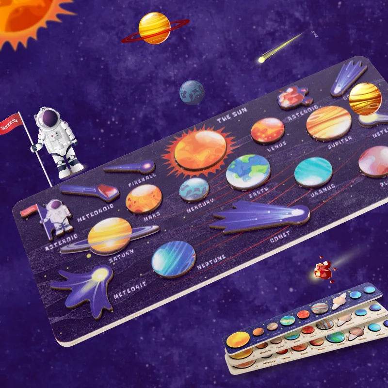 Children Wooden Space Planet Puzzles Montessori Toys Planet Matching Game Jigsaw Tray Universe Solar System Science Learning Toy - AIAZ