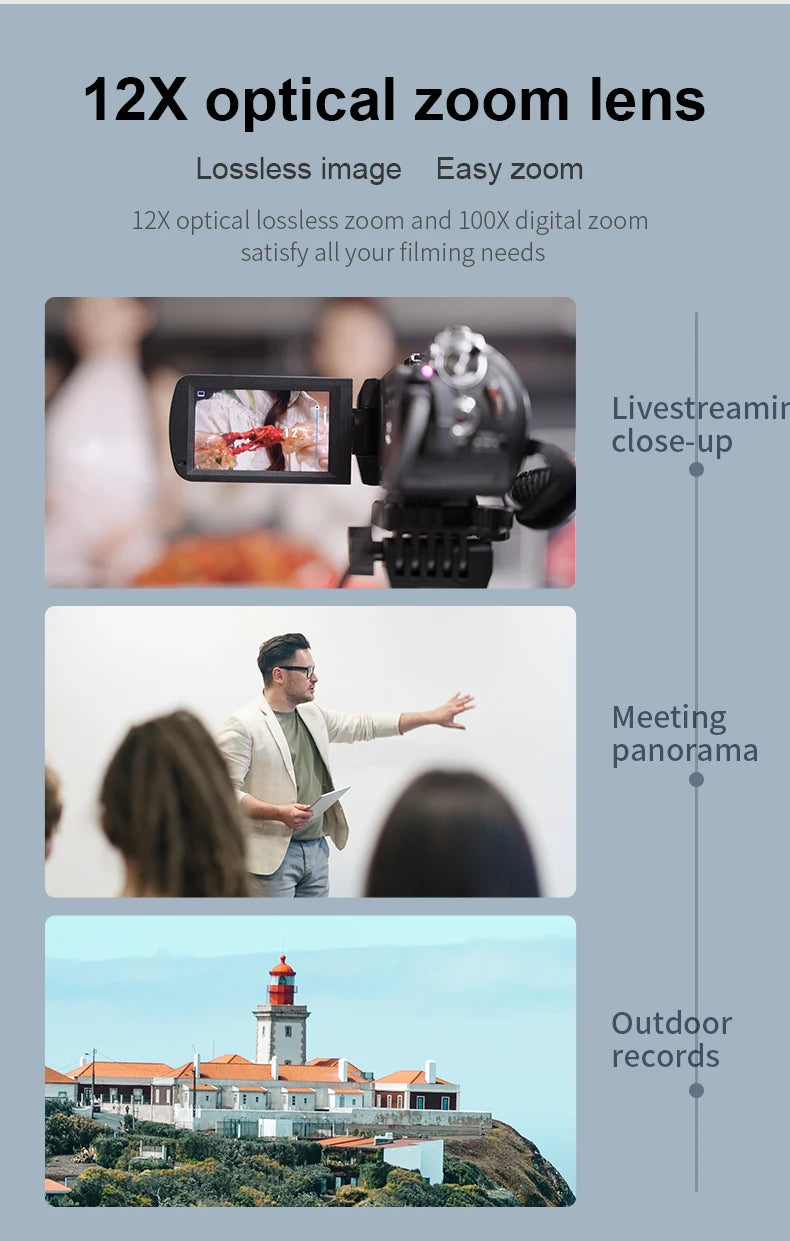 Live Streaming Camera 4K Digital Camcorder Ordro AC5PLUS 12X Optical Zoom for YouTube Vlog Church Wedding Videos Home Use