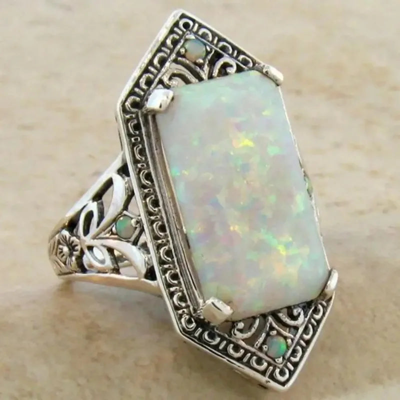 New Fashion Square White Opal Ring for Women Vintage Turquoise Rectangular Faux Gem Ring Jewelry Gifts Женская Бижутерия Тренд