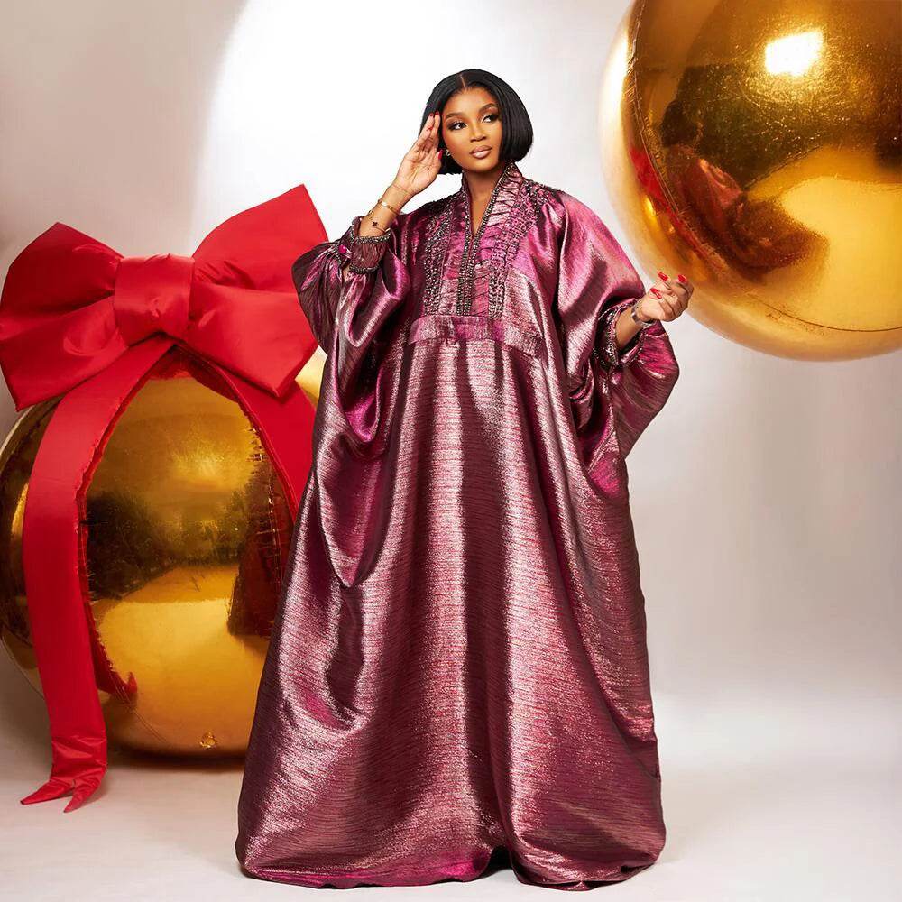 fashion turkey dresses for woman luxury elegant 2025 V-neck rhinestones dresses for church boubou african dresses - AIAZ