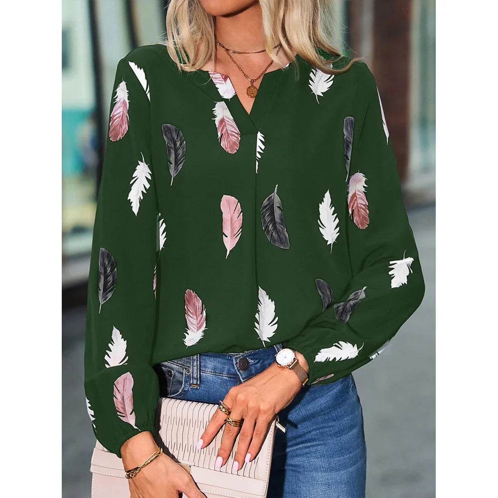 Fashion Woman Blouse Shirts For Women Stylish Top long Sleeve Feather Pattern Female Tops Elegant Chiffon Mujer Woman Clothes - AIAZ