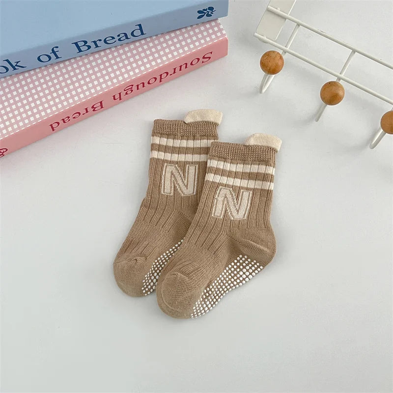 3Pairs/Lot Baby Letter Non-slip Socks Soft Cotton Short Kids Sock Infant Toddler Boys Girls Cute Stripe Socken For 0-5Years