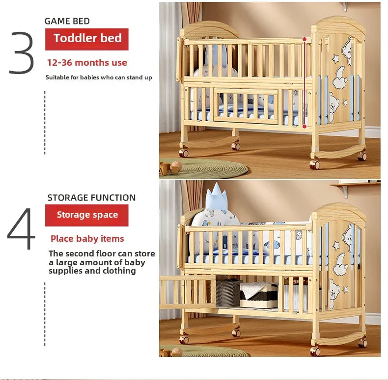 Crib Solid wood newborn baby cradle Multifunctional paint-free movable children's splicing bed air mattress 103 cm long