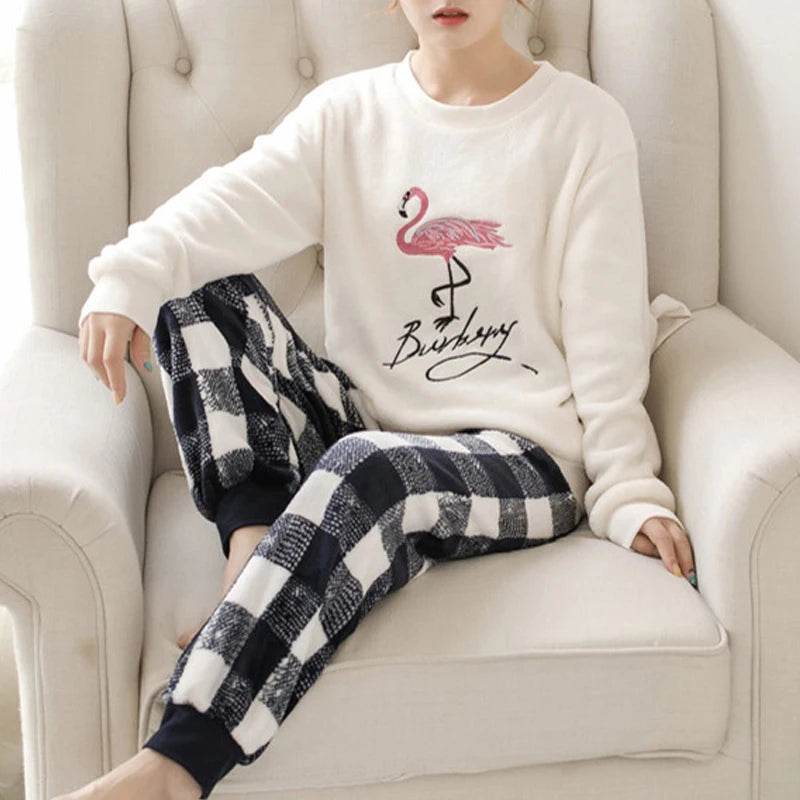 Women Pajamas Autumn Winter Flannel Warm Woman Sleepwear Korean cute Cartoon Pajama Set Fashion Pijama Mujer Home Cloth Pyjamas - AIAZ