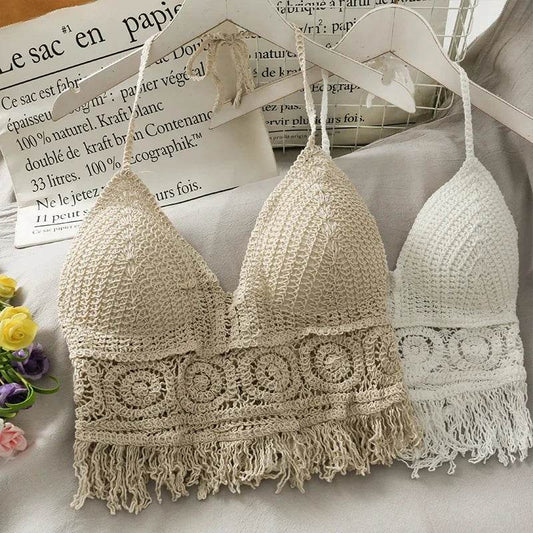 Women Beach Crop Tops Hollow Cover-Ups Perspective Tassel Sexy Spaghetti Strap Swinwear Built In Bra Backlless Halter Neck - AIAZ