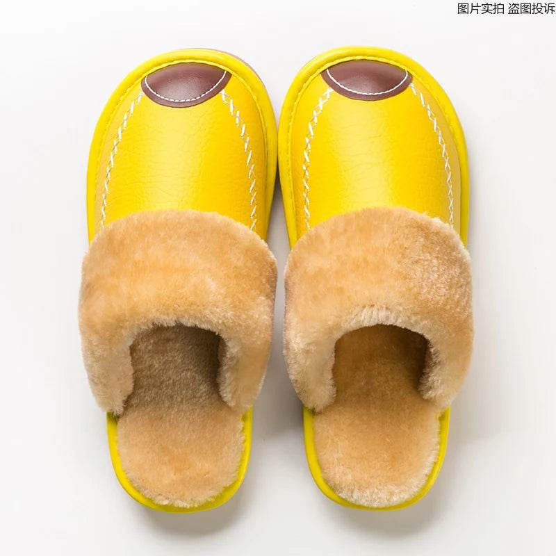 Men Winter Leather Slippers Bedroom Cotton Slippers Male Waterproof Thick Plus Velvet Indoor Warm House Home Slippers Shoes - AIAZ
