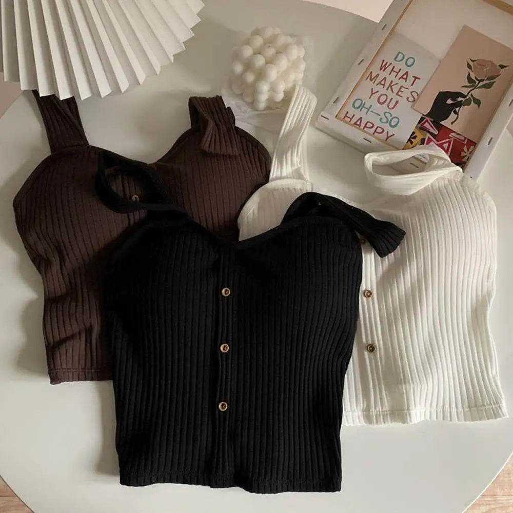 Women's Ribbed Tank Tops Y2K Cropped Tops with Bra Pads Knitted Button Down Suspenders Vest Sexy Camisole Female Short Tops - AIAZ