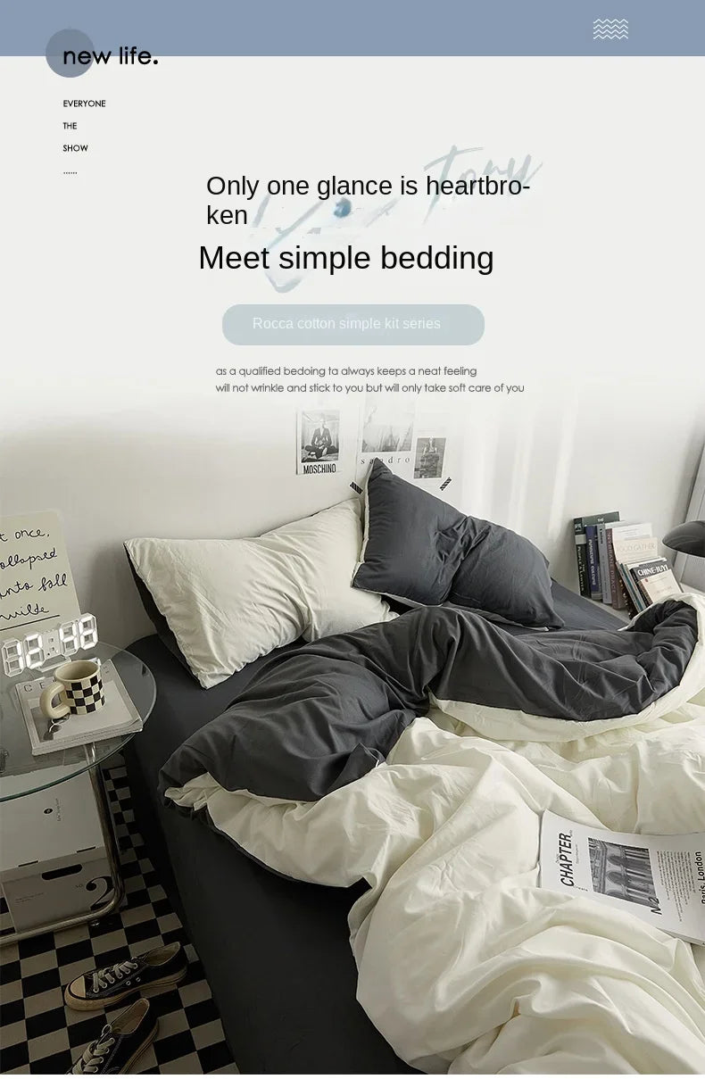 High Quality Solid Color Double Washed Cotton Bedding 4 Pieces Set Student Dormitory Bed Linen Duvet Set Bed Suit