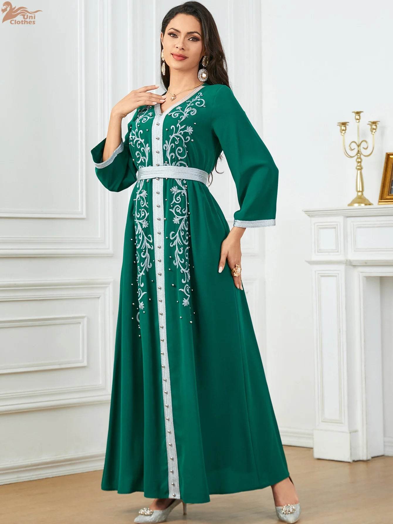 Muslim Fashion Beading Ebroidered Print V-neck long-sleeved Dress Moroccan Islamic Dress With Belt Elegant Party Dress - AIAZ