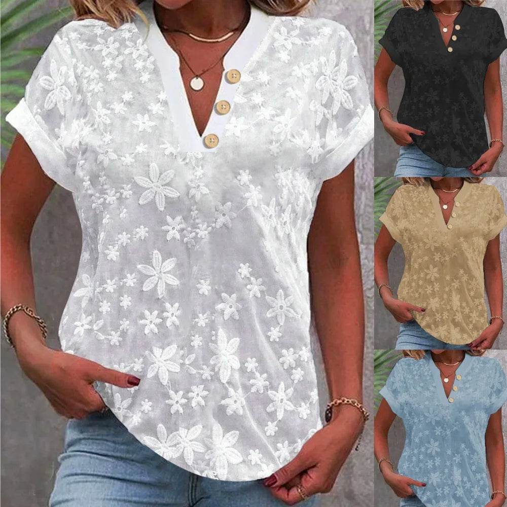 Women Shirt Pullover Solid Blouses Spliced V Neck Shirts Casual Summer 2024 Loose Fit Slight Strech Button Basics Embroidery - AIAZ