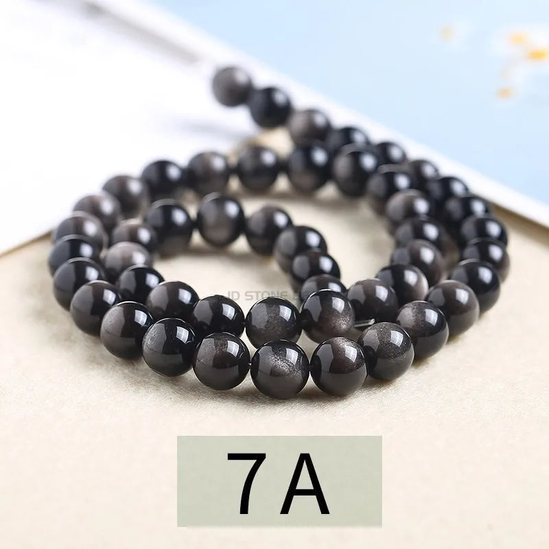 Natural Stone Golden Black Obsidian Bead Shinny Round Loose Gemstone Bead for Jewelry Making Diy Bracelet Necklace Accessory 15"