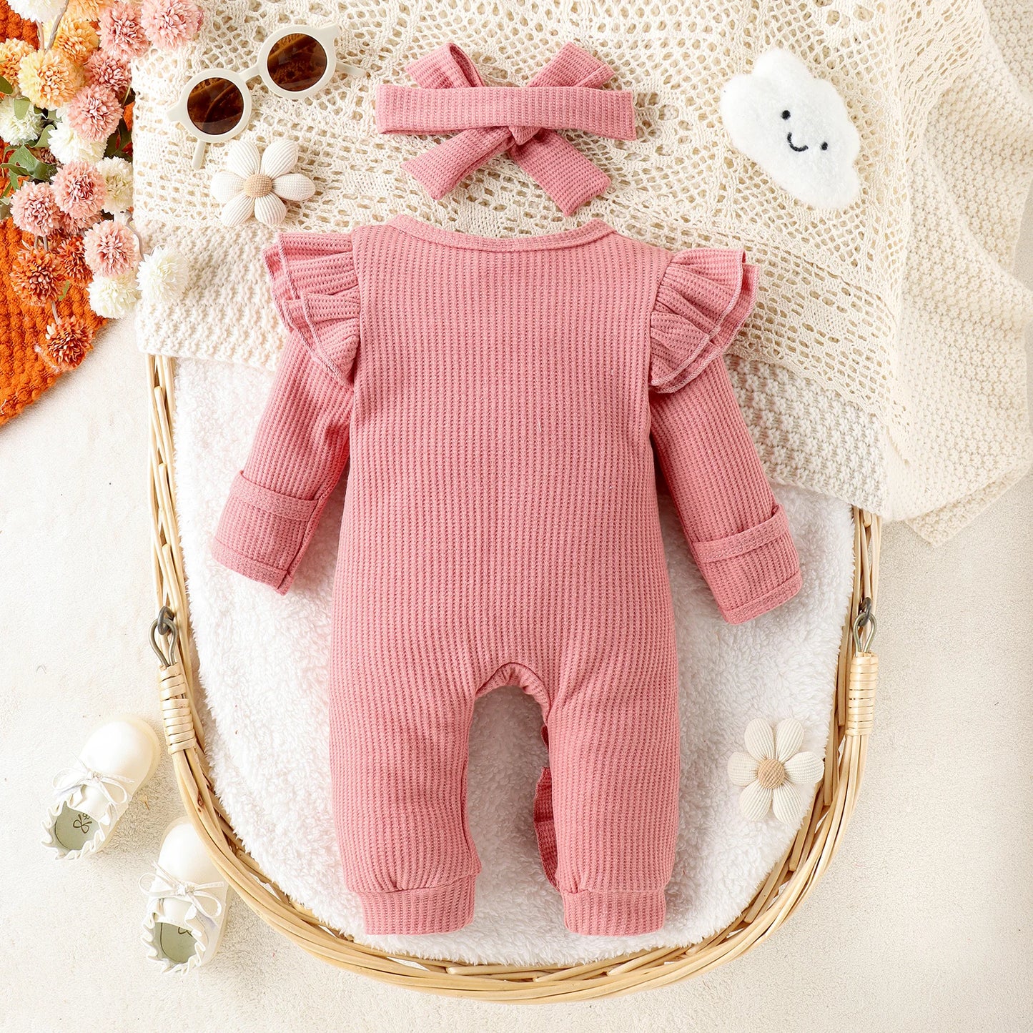 2PCS Autumn New Style 0-1 Year Old Girl Baby Sweet And Cute Solid Color Flying Sleeve Waffle Long-Sleeved Jumpsuit + Hair Band