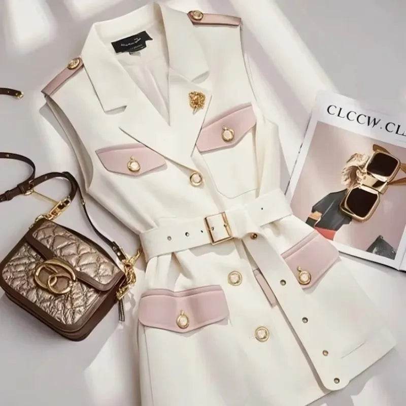 Large Size Summer White Jacket Vest Luxury Big Turndown Collar Point Collar Color Contrast Retro Waistcoat Elegant Office Ladies - AIAZ