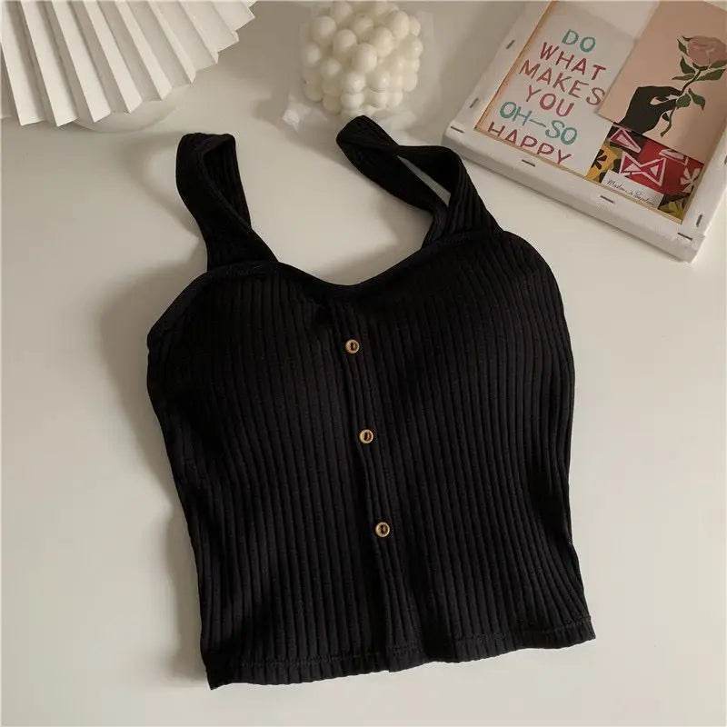 Women's Cropped Tops with Bra Pads Summer Corset Korean Suspenders Vest Sexy Camisole Slim - AIAZ