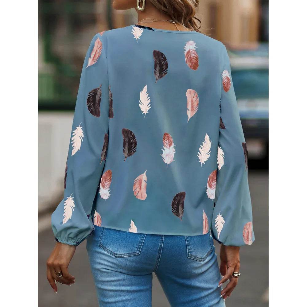 Fashion Woman Blouse Shirts For Women Stylish Top long Sleeve Feather Pattern Female Tops Elegant Chiffon Mujer Woman Clothes - AIAZ