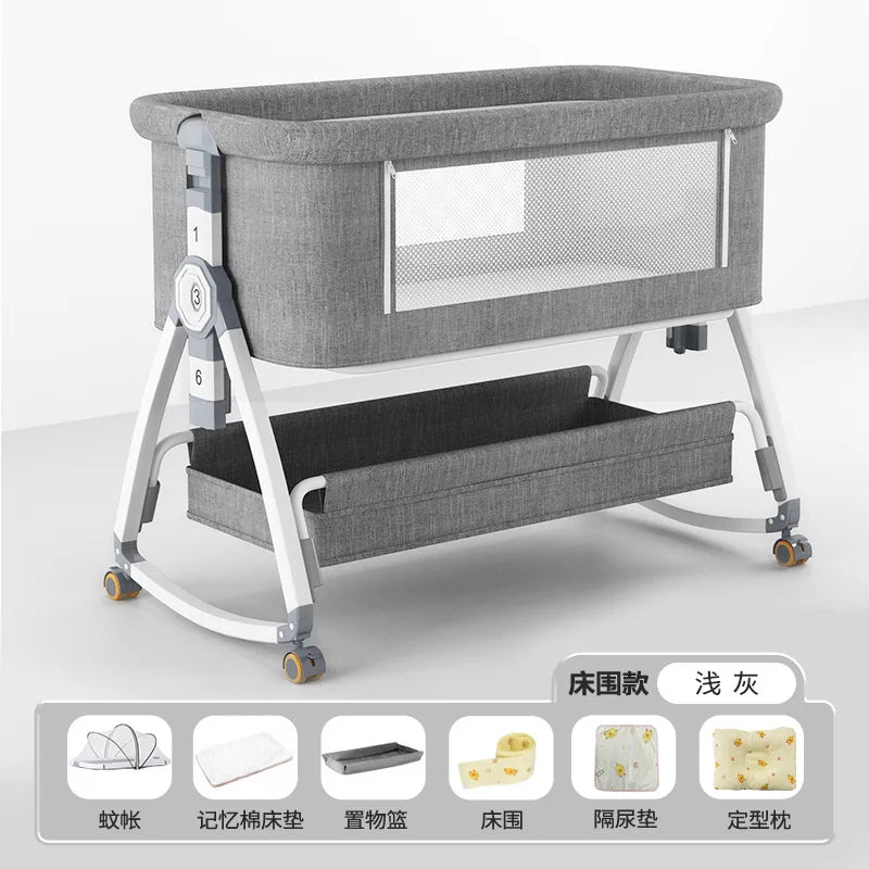 Crib Movable Multi-Function Folding Height Adjustment Splicing Queen Bed Baby Bassinet Newborn Baby Bed Anti-Overflow