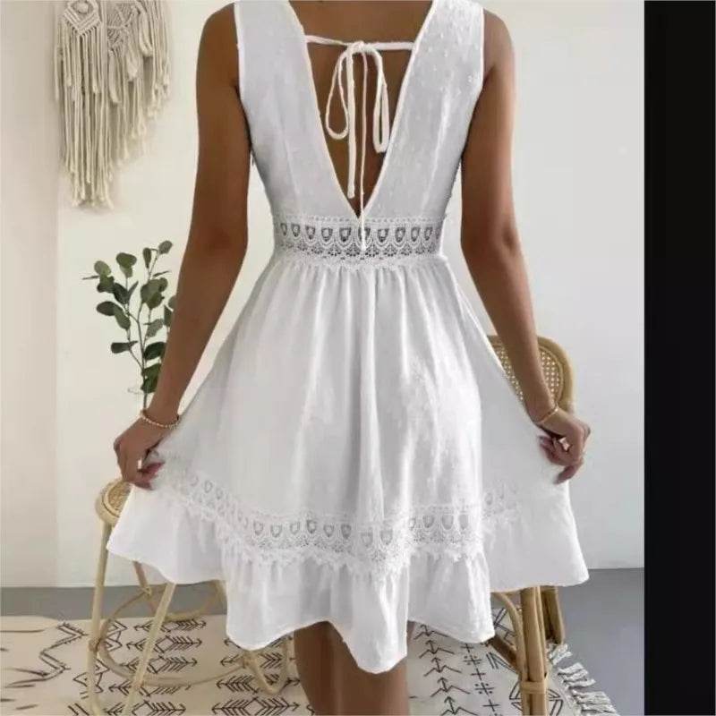 Women's White Party Dress Fashion Lace V-neck Ruffle Hook Flower Hollow Waist Mini Women Dresses Summer Sexy Prom Female Vestido - AIAZ