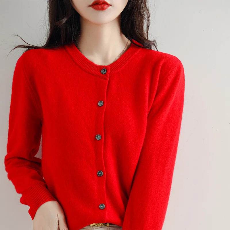 Knitted Cardigan Women's Sweater Autumn And Winter 2022 New Solid Color Coat Round Neck Short Long Sleeve Loose Korean Fashion - AIAZ