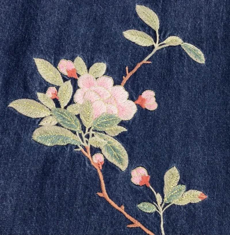 Embroidered Denim Dress For Women Spring Summer 2025 New Retro Versatile Waist Closure Long Denim Strap Dress Mujer Vestidos - AIAZ